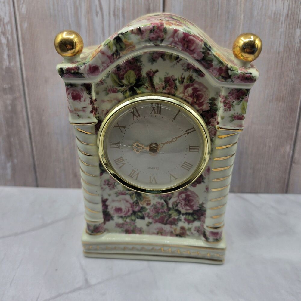 Vintage Clock Rose Garden Mantel Dresser Floral Pink Quartz Porcelain Victorian